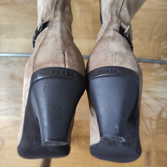 Prada square toe tall boots silver hardware logo women 37.5 tan suede - Picture 12 of 12